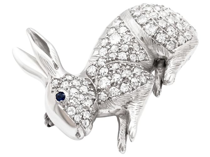 Autre Marque Spilla "coniglio", platino, oro bianco, diamanti e pietra blu. - vista 2