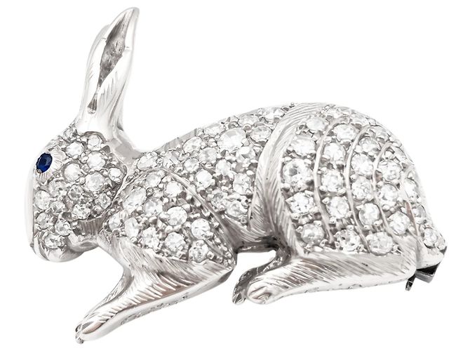 Autre Marque Spilla "coniglio", platino, oro bianco, diamanti e pietra blu. - vista 3