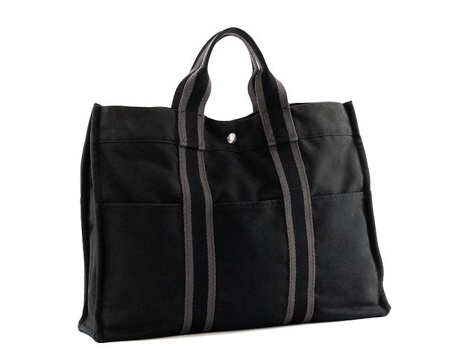 HERMÈS - Borsa tote Toto Hermès in tela nera e grigia - vista 2