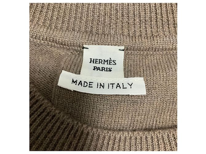 Hermès Hermes Taupe / Dark Gris Etoupe Kurzärmeliger Wollstrickpullover mit H-Motiv - Ansicht 4