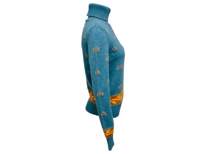 Camisola de gola alta em malha de cashmere intarsia azul multicolor Chanel com placa de logótipo CC - vista 2