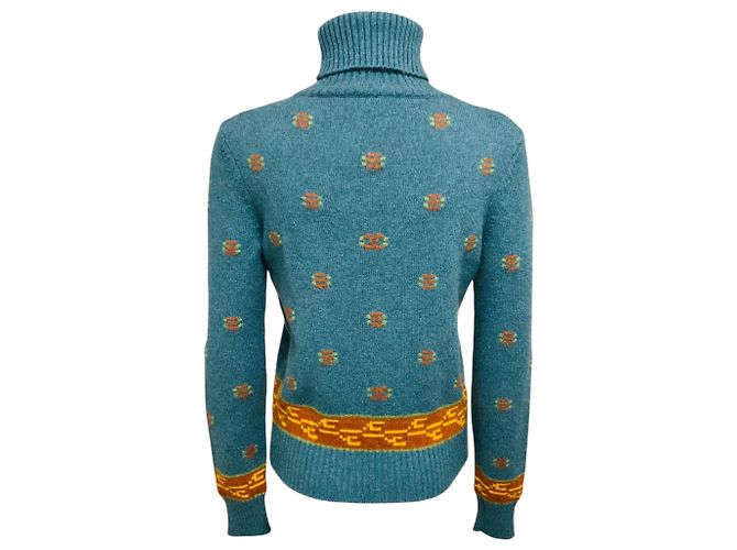 Camisola de gola alta em malha de cashmere intarsia azul multicolor Chanel com placa de logótipo CC - vista 3