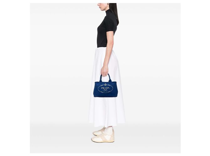 Borsa Tote Satchel Prada Small Canvas Canapa Logo Blu - vista 6