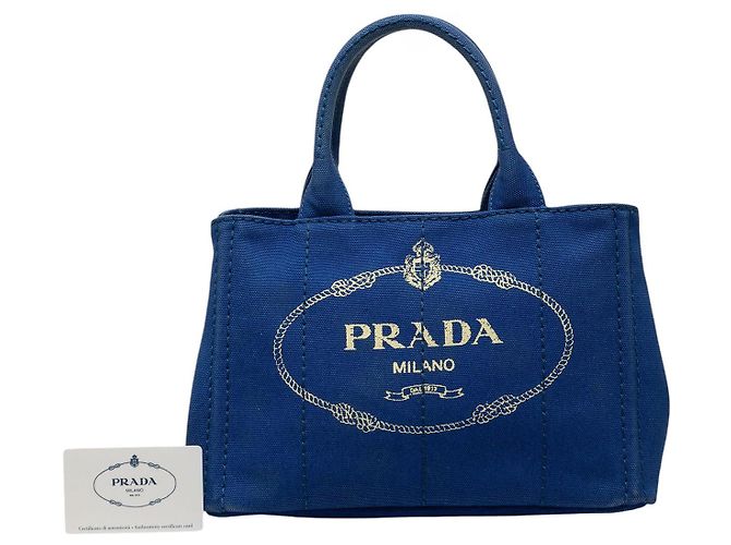 Borsa Tote Satchel Prada Small Canvas Canapa Logo Blu - vista 7