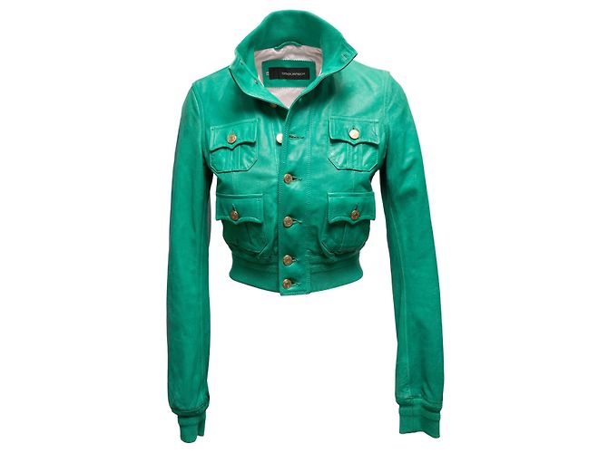 Dsquared2 Vintage Dsquared Cropped Lederjacke mit Knöpfen in Grün Größe IT 42 - Ansicht 2