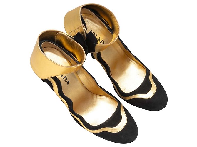 Black & Gold Prada Suede & Leather Ankle Strap Pumps Size 37 - view 2