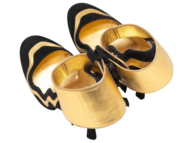 Black & Gold Prada Suede & Leather Ankle Strap Pumps Size 37 - view 3