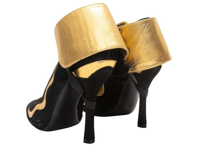 Black & Gold Prada Suede & Leather Ankle Strap Pumps Size 37 - view 4