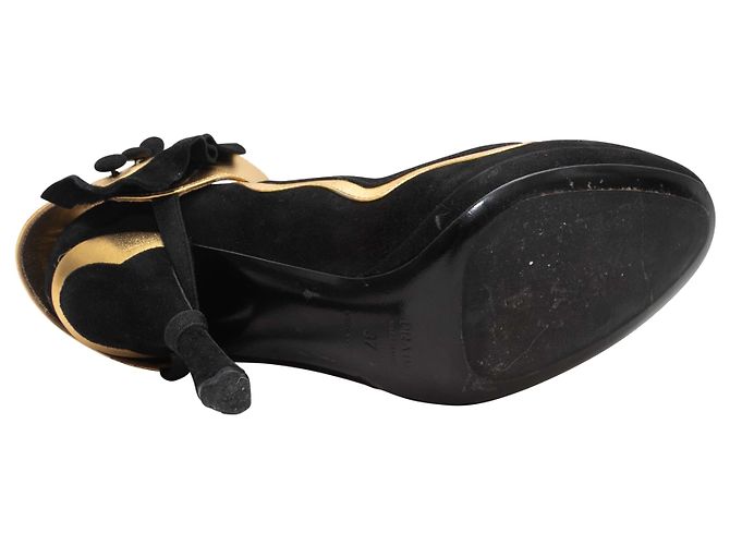 Black & Gold Prada Suede & Leather Ankle Strap Pumps Size 37 - view 5