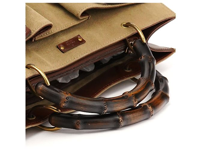 Bamboo Gucci 109138 Borsa con manico in bambù in tela kaki - vista 8