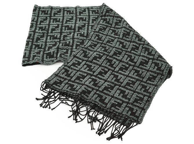 Fendi Sciarpa Cravatte Vintage Zucca con Frange Grigia e Nera - vista 2