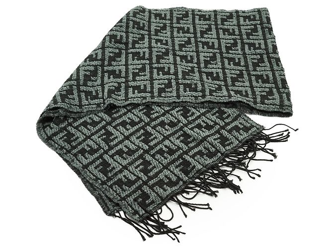 Fendi Sciarpa Cravatte Vintage Zucca con Frange Grigia e Nera - vista 3