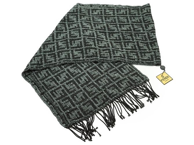 Fendi Sciarpa Cravatte Vintage Zucca con Frange Grigia e Nera - vista 5