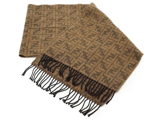 Fendi Vintage Brauner Wollschal Zucca mit Fransen Cravatte - Ansicht 2