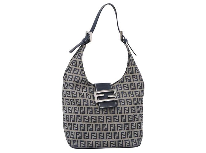 FENDI Zucchino Canvas Mamma Baguette Shoulder Bag Navy Silver - vista 2