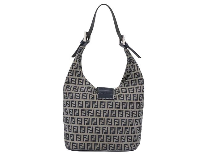 FENDI Zucchino Canvas Mamma Baguette Shoulder Bag Navy Silver - vista 3
