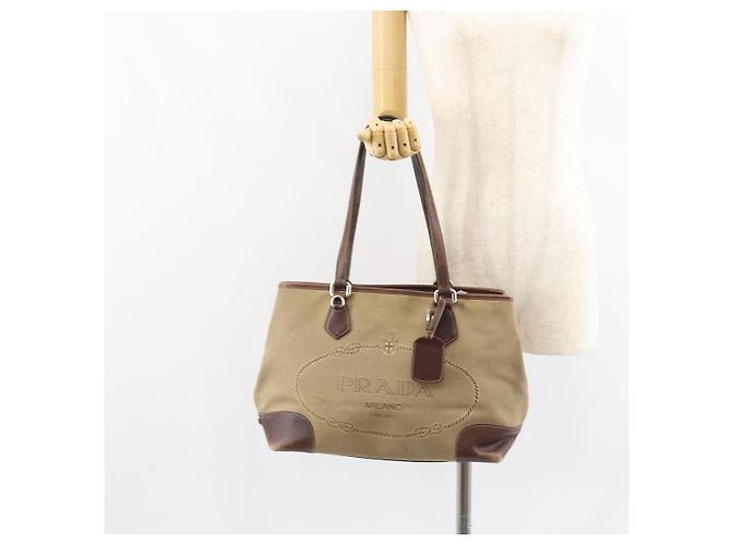 Tote PRADA Sac Cabas Canvas Beige Silver - vue 23