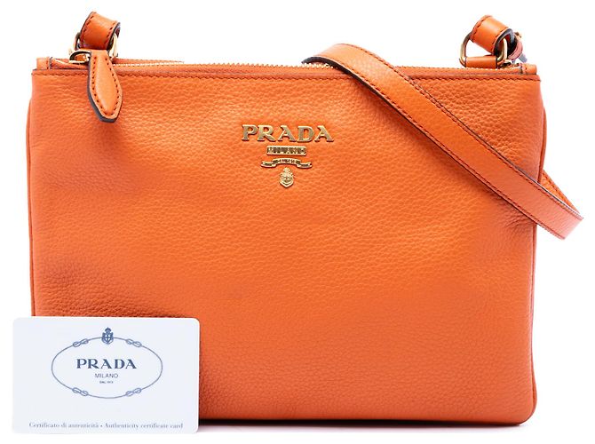 Prada Orange Vitello Phenix Double Zip Crossbody - Ansicht 7