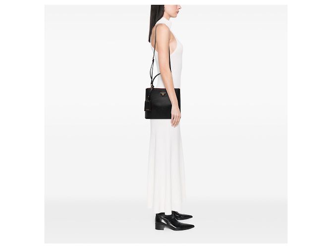 Prada Borsa Satchel Panier Grande in Pelle Saffiano Nera - vista 6