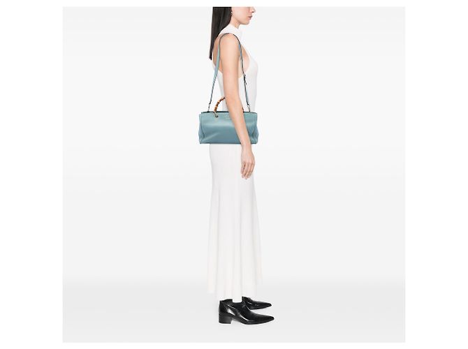 Borsa Gucci Blue Medium Calfskin Bamboo Shopper - vista 5