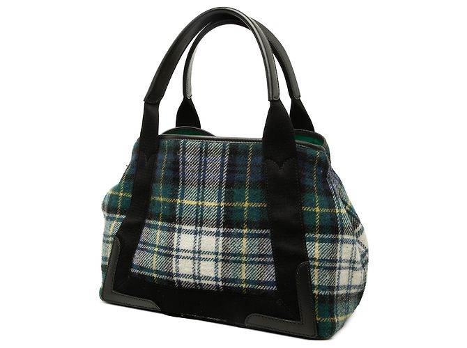 Balenciaga Cabas S in lana a quadri verde e blu navy - vista 2