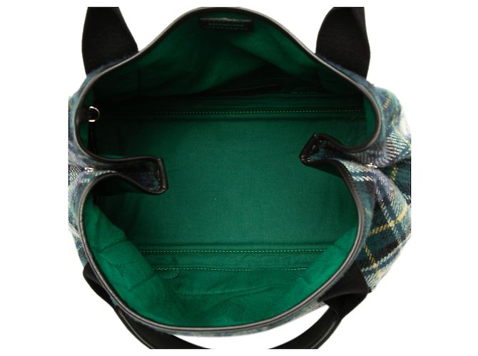 Balenciaga Cabas S in lana a quadri verde e blu navy - vista 4