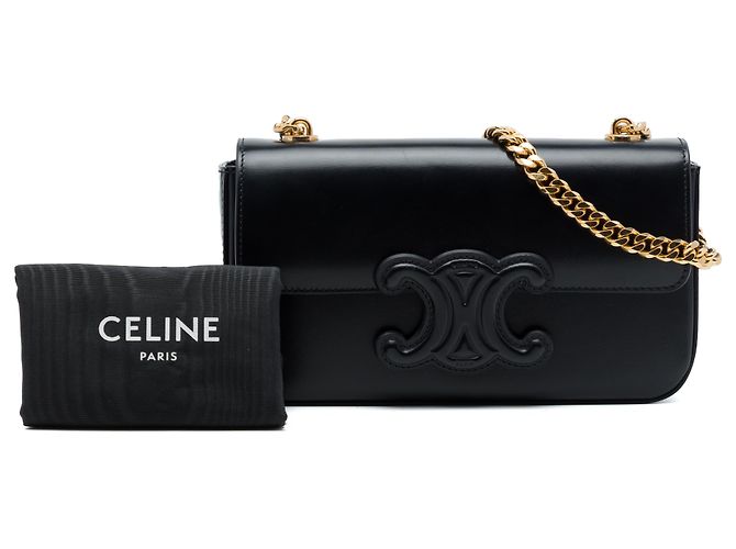 Céline Borsa a tracolla con catena Celine Cuir Triomphe in pelle di vitello liscia nera - vista 7