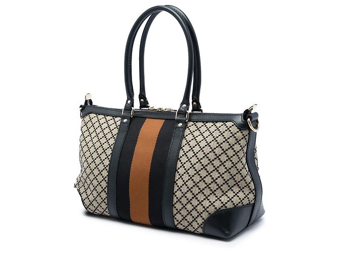 Borsa Satchel Gucci in tela Diamante beige e Web - vista 2
