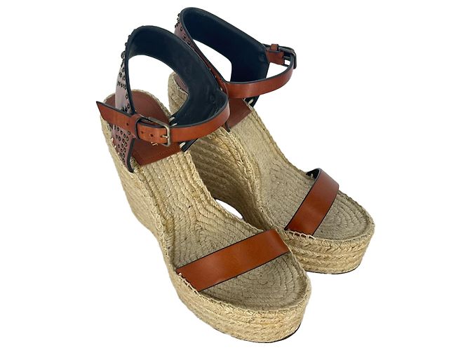 Autre Marque Sandali espadrillas wedge con borchie Saint Laurent in pelle marrone - vista 6