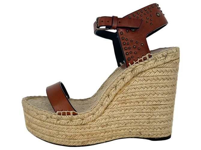 Autre Marque Sandali espadrillas wedge con borchie Saint Laurent in pelle marrone - vista 8