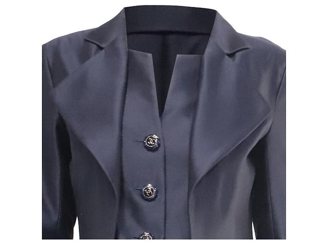 Chaqueta larga texturizada Chanel en algodón azul marino - vista 2