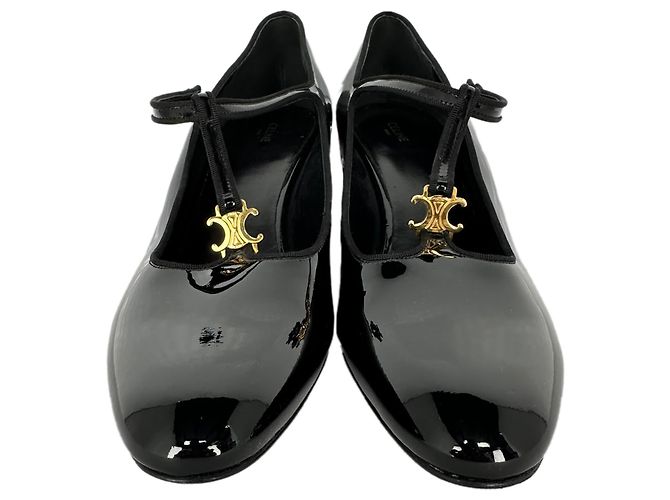 Céline Décolleté T-Strap Celine Triomphe in pelle verniciata nera - vista 2