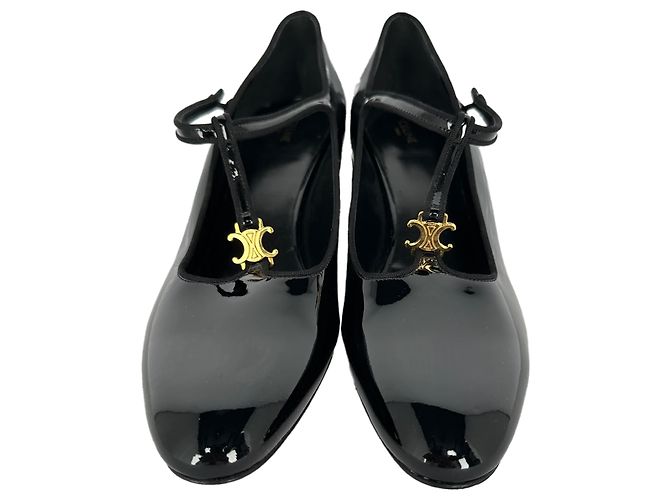 Céline Décolleté T-Strap Celine Triomphe in pelle verniciata nera - vista 3