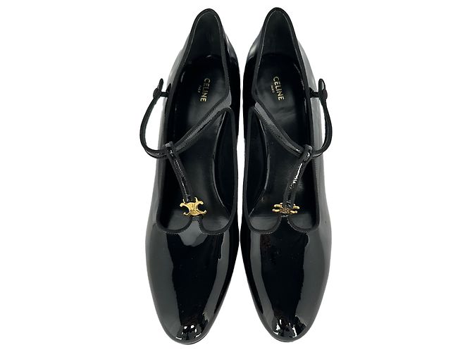 Céline Décolleté T-Strap Celine Triomphe in pelle verniciata nera - vista 4