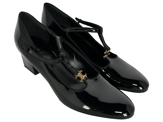 Céline Décolleté T-Strap Celine Triomphe in pelle verniciata nera - vista 5
