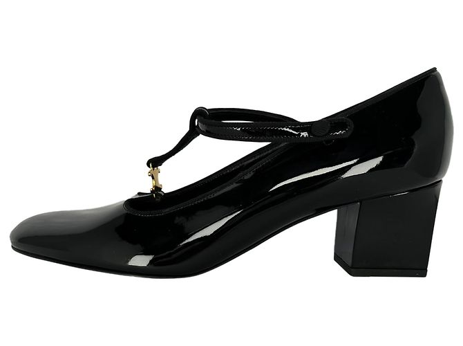Céline Décolleté T-Strap Celine Triomphe in pelle verniciata nera - vista 7