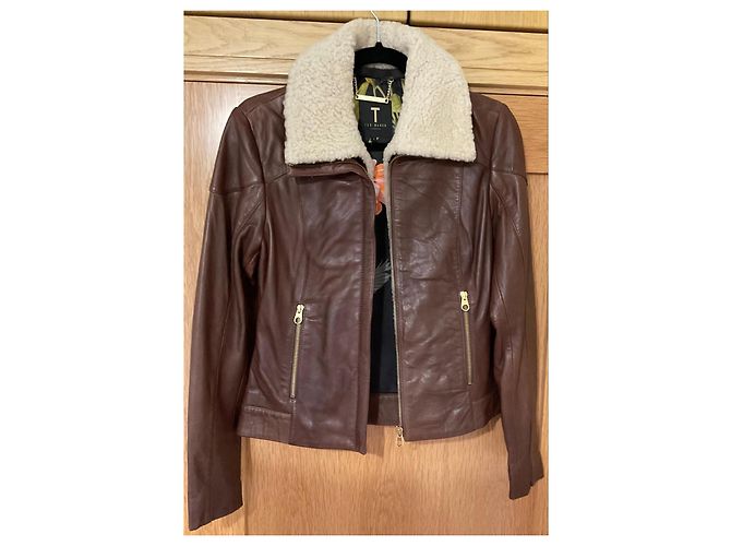 Ted Baker Giacca in pelle marrone con collo in shearling - vista 2