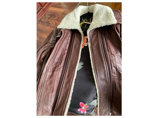 Ted Baker Giacca in pelle marrone con collo in shearling - vista 4