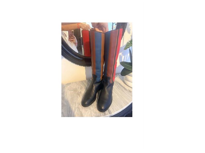 Stivali alti Hermès in pelle nera e tela multicolore - vista 8