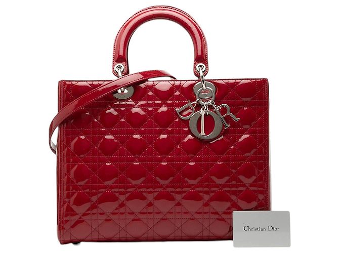 Borsa Lady Dior Large in pelle verniciata Cannage rossa - vista 7