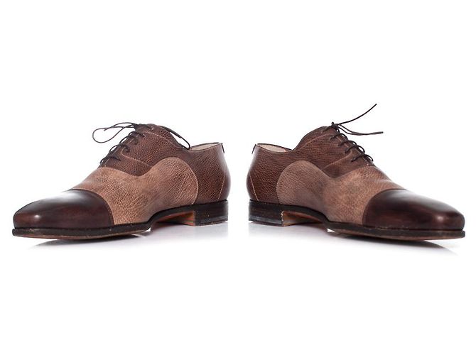 Santoni, Oxford cap toe in pelle grana marrone - vista 3
