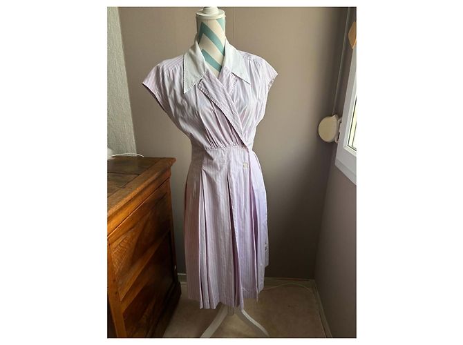 Chanel Gestreiftes Hemdkleid aus Baumwolle - Violett/Weiß - Ansicht 4
