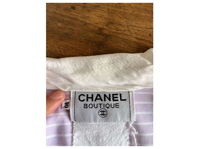 Chanel Gestreiftes Hemdkleid aus Baumwolle - Violett/Weiß - Ansicht 8