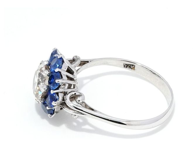 Autre Marque Anello Platino Diamante Taglio Antico e Zaffiri - vista 2