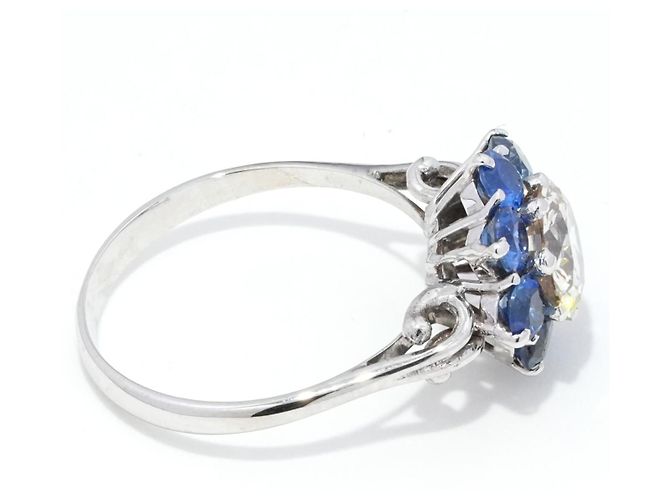 Autre Marque Anello Platino Diamante Taglio Antico e Zaffiri - vista 4