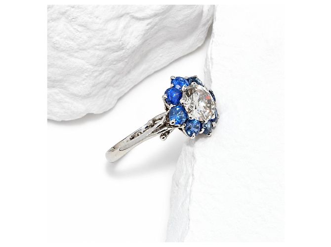 Autre Marque Anello Platino Diamante Taglio Antico e Zaffiri - vista 5