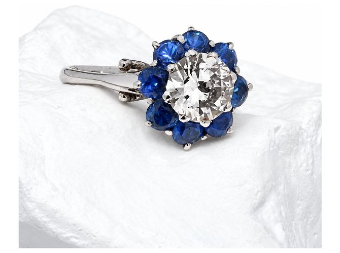 Autre Marque Anello Platino Diamante Taglio Antico e Zaffiri - vista 6