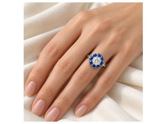 Autre Marque Anello Platino Diamante Taglio Antico e Zaffiri - vista 7