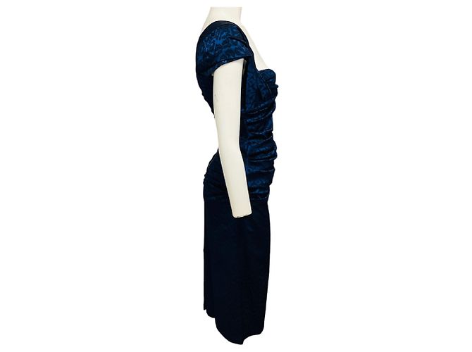 Autre Marque Abito da cocktail Talbot Runhof in jacquard leopard drapé blu metallizzato - vista 2