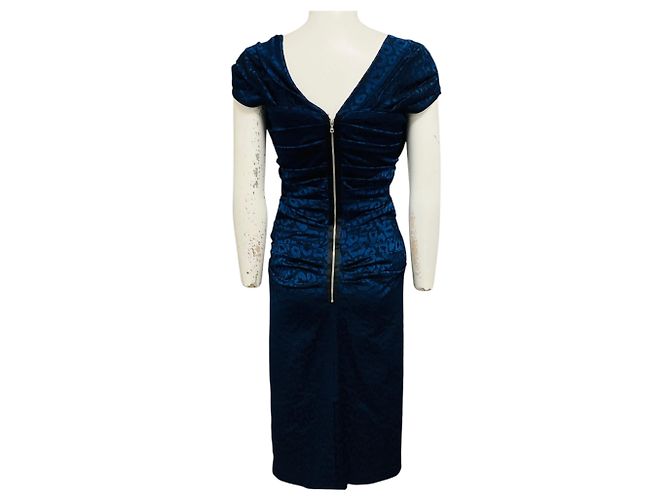 Autre Marque Abito da cocktail Talbot Runhof in jacquard leopard drapé blu metallizzato - vista 3